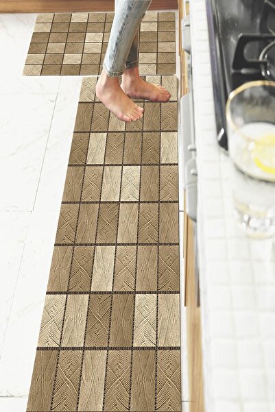 Getcarpet Ikili Tezgah Önü Mat Yıkanabilir Mutfak Paspas Takımı Pedi