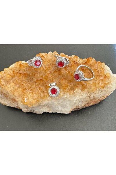 Aysesa Beyaz Altın Görünümlü Yakut ve Zirkon Taşlı Kadın Gümüş Set (2Küpe+Kolye+Yüzük) 925 Ayar 8.76 Gram