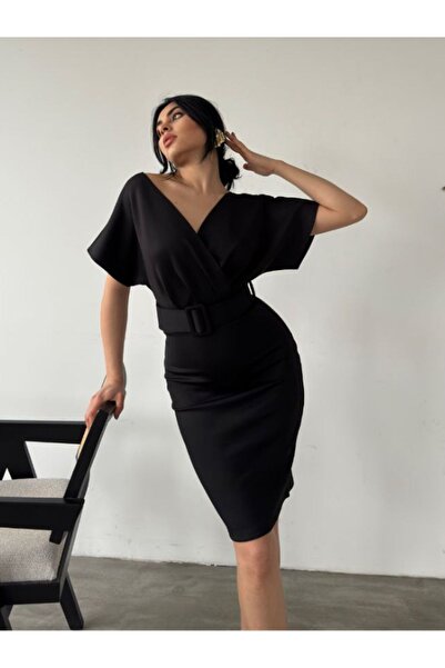 lovebox Kadın Kemerli Yarım Kol Skuba Kumaş Kruvaze Yaka Sırt Detaylı Abiye Gece Mezuniyet Elbisesi 1825