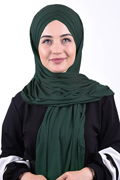 Ns nowascarf Penye 3 Bantlı Kendinden Modelli Hazır Şal Zümrüt Yeşili