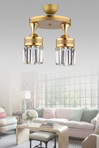 Kraliçe Nairobi 2'li Eskitme Plafonyer Kristal Taşlı Sarı Şeritli Silindir Lü...