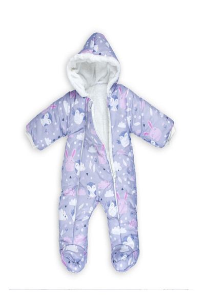 PODİUM GİYİM Cute Owl Rabbit Printed Cotton Footed Cosmonaut Jumpsuit Gray