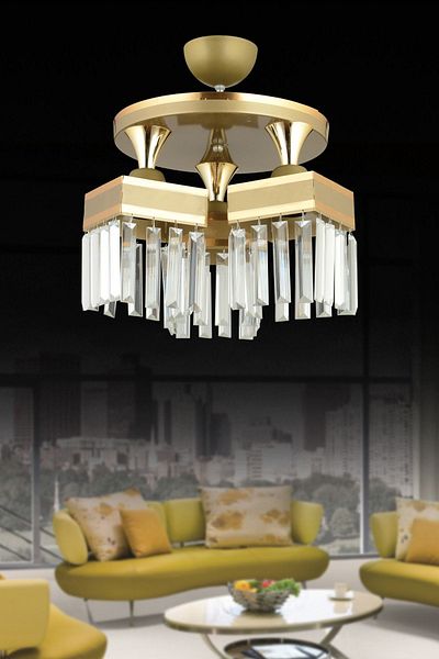Kraliçe Yellow Striped Crystal Stone 3-Piece Luxury Plafonier Chandelier - Antique Facing