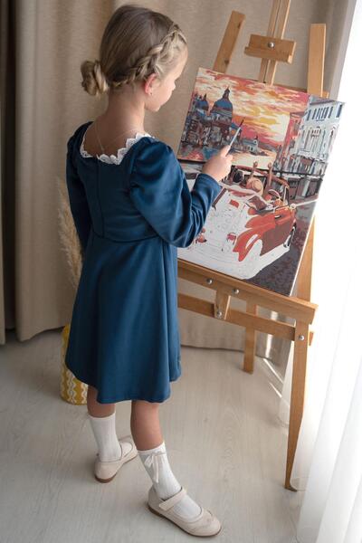 Breeze Girl's Velvet Dress Collar with Laced Back Zipper 6-12 Years, Navy Blue