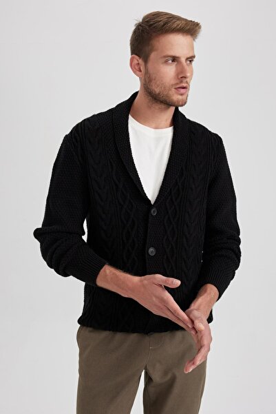 DeFacto Standard Fit Shawl Collar Hair Braided Buttoned Black Knitwear Cardig...