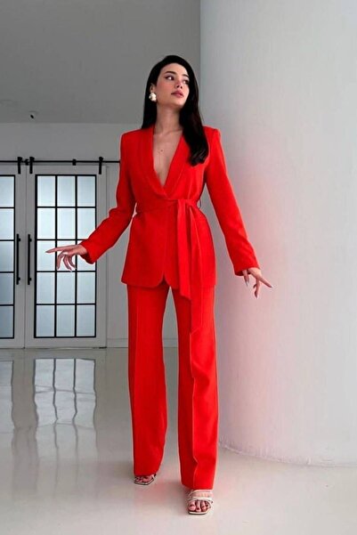 MYGİYİMİSTANBUL Blazer Jacket and Wide Leg Trousers Set - Tied