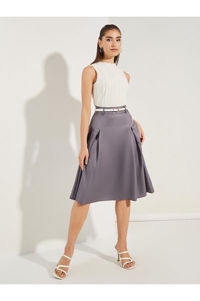 Styli Box Pleat Wide Waistband Midi Skirt