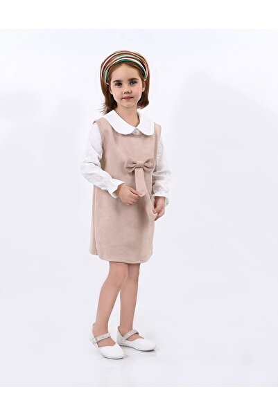 Kamex Beige Suede Bow Shirt Collar T-Shirt