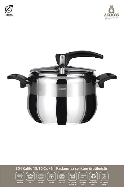 Amboss Amber 8 Lt Classic Pressure Cooker Stainless Steel Bakelite Handle Black