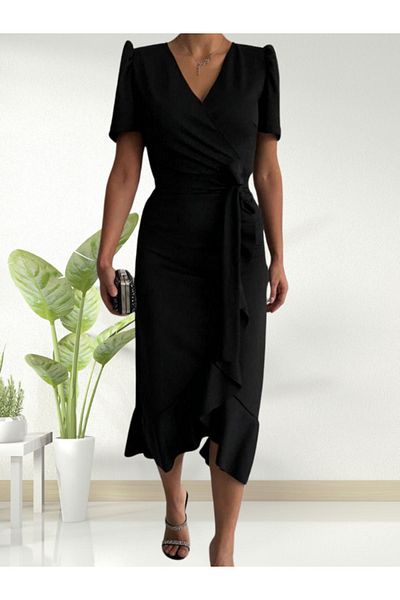lovebox Stylish Midi Length Women's Evening Dress - Double Breasted Collar, Belted Skirt and Flounced Toe -81
