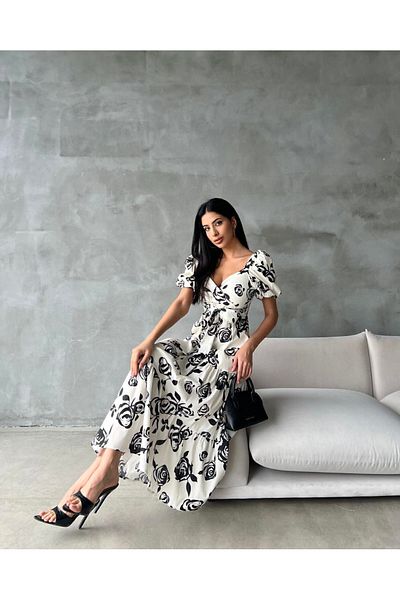 Afiş Butik Rose Patterned Ecru Long Dress - Double Breasted Collar and Waist Tie