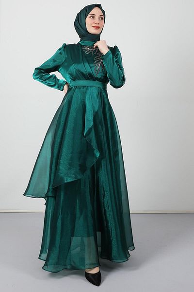Giza Giyim Βραδινό φόρεμα με πέτρα Organza Emerald
