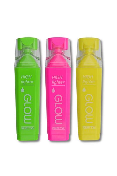 Gıpta Glow Cut Nib Neon Highlighter 3 Color Set (Yellow-Pink-Green)