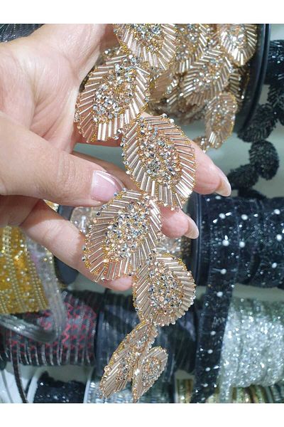 ESRA ŞELEM Iron-On Rose Color Leaf Pattern Stoned Decorative Strip Accessory