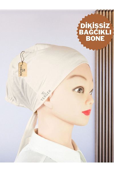 Tergek Seamless Lace-Up Bonnet Ecru Cotton Combed Lace-Up Women's Hijab Headscarf Scarf Turban Cap
