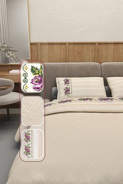Durul Vintage Double Pique Set - Beige Color, 100% Cotton, Cross Stitch Lilac Embroidered and Guipure Detailed