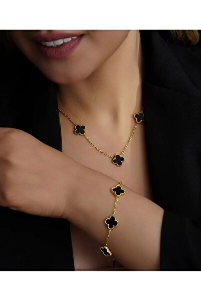 şira sirius Kadın Gold Çelik Trend Siyah Yonca Kolye ve Bileklik Set