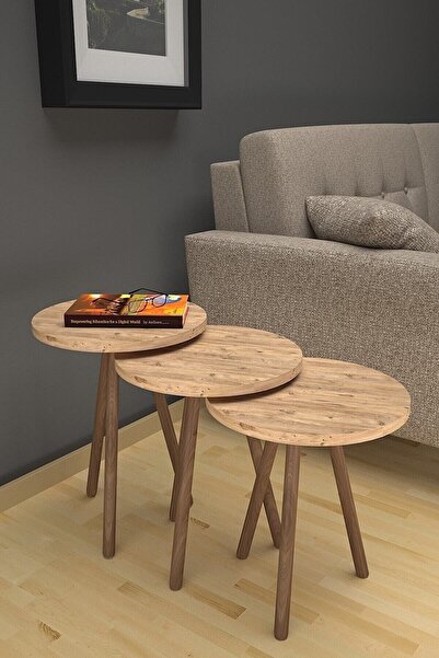 Fahrettin Küçük Zigon Sehpa Ahşap Ayaklı Çam 3'lü Yuvarlak Zigon Çam