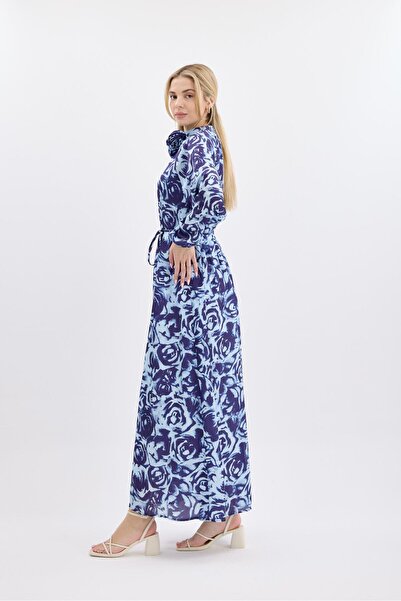 Ahel Tasarım Navy Blue Patterned Satin Rabella Dress with Accessories