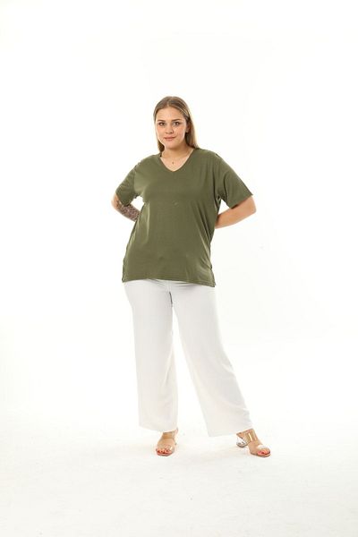 GOLVEN V-Neck Green Cotton Large Size T-Shirt