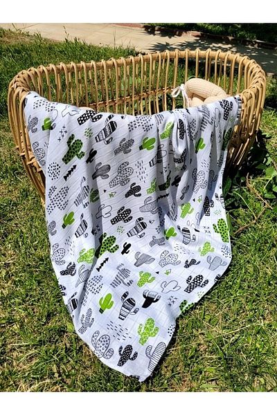 Alpar Tekstil Bamboo Muslin Cloth Cover & Blanket (USED UP TO 0-10 YEARS) 120x120cm/Cactus Pattern