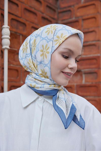 Şalland Blue Baroq Patterned Scarf