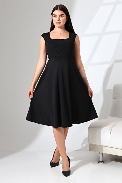 Rokka Moda Simli Kolsuz Yuvarlak Yaka Midi Elbise