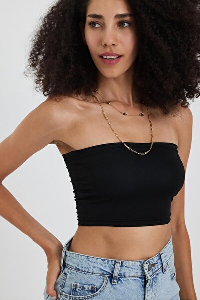 The Base Жіночий чорний топ без бретелей з ефектом скуба