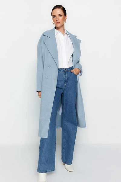 Trendyol Collection Blauer, übergroßer, weit geschnittener, langer Wollmantel mit Stempelmuster TWOAW21KB0038