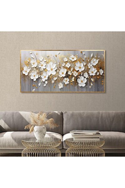 Tablosan Yağlı Boya Dokulu Tablo Spatula Beyaz Papatyalar Altın Çerçeveli U02014