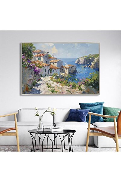 Tablosan Yağlı Boya Dokulu Tablo Modern Spatula Akdeniz Evleri Manzarası Gümü...