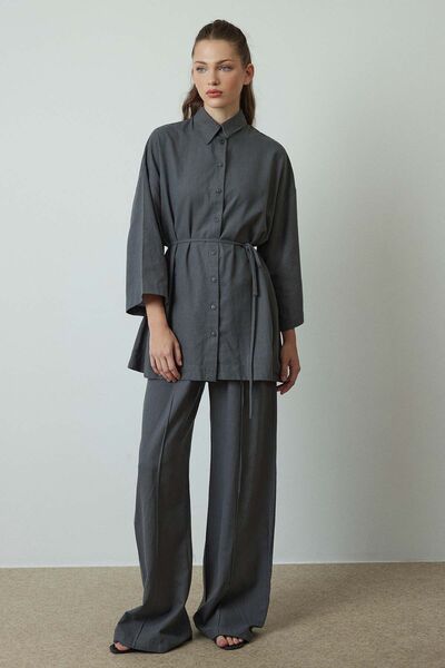 Hooopstore Πουκάμισο από λινό ανθρακί - Με κουμπιά μπροστά