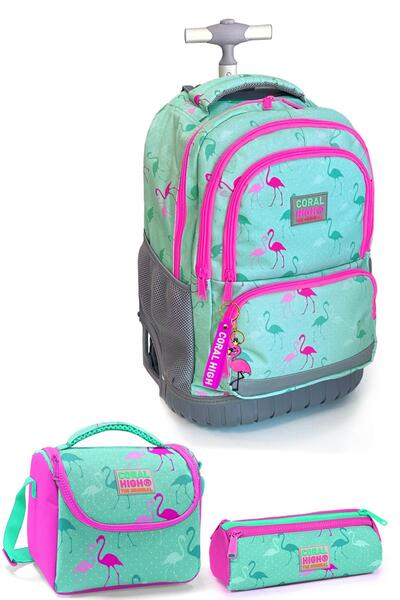 Coral High Water Green Flamingo Patterned - Children's Bag Set of 3