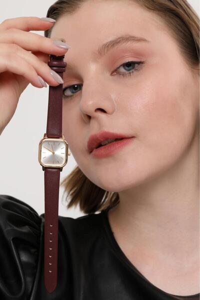 OQQO Perseph Gold Women's Wristwatch - Claret Red Leather Cord