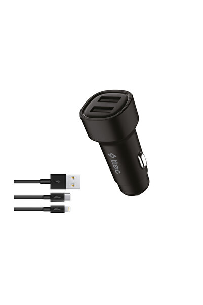 Ttec SmartCharger Duo 3.1A Araç Şarj Aleti Çift USB  + USB-C ve Lightning Kablo