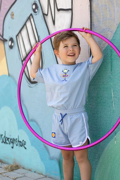 BEETLEBEEZ Retro Children's Shorts - White, Piping, Short - Light Blue (Sax Blue)