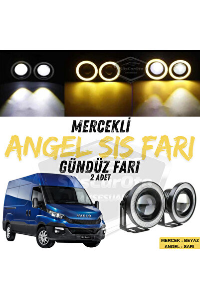 ŞüsCarOto Aksesuar Iveco Daily Uyumlu Üniversal Mercekli Angel Sis Farı Metal 76 mm Sarı Halkalı Gündüz Farı 2 Adet