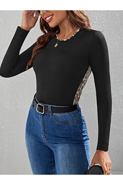pazarella Leopard Print Viscose Women's Blouse - Long Sleeve and Stripe Detail