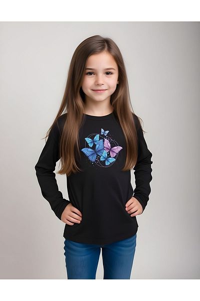 FYK COLLECTİON Момичешки суитшърт с кръгло деколте и щампа на пеперуда в черен цвят