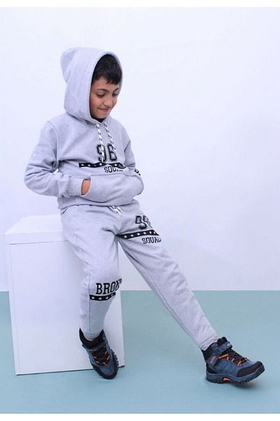 FYK COLLECTİON طقم بدلة رياضية للأولاد بغطاء للرأس - جيب الكنغر، طباعة نص 96