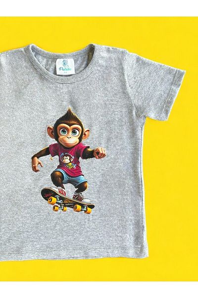 patriko tekstil Skateboard Monkey Printed Gray Cotton Children's T-Shirt - Short Sleeve
