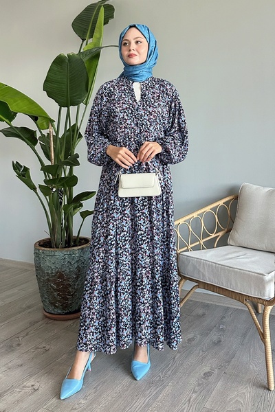 InStyle Çıtır Balon Kol Lacivert Viskon Elbise