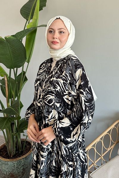 InStyle Black Viscose - Abstract Balloon Sleeve Dress