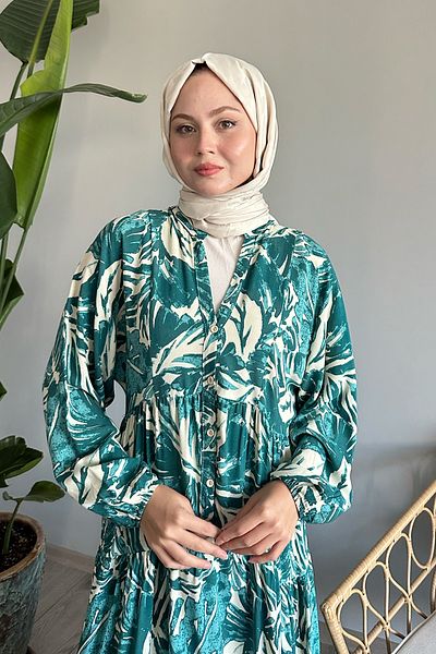InStyle Abstraktes Ballonärmelkleid aus Smaragdviskose