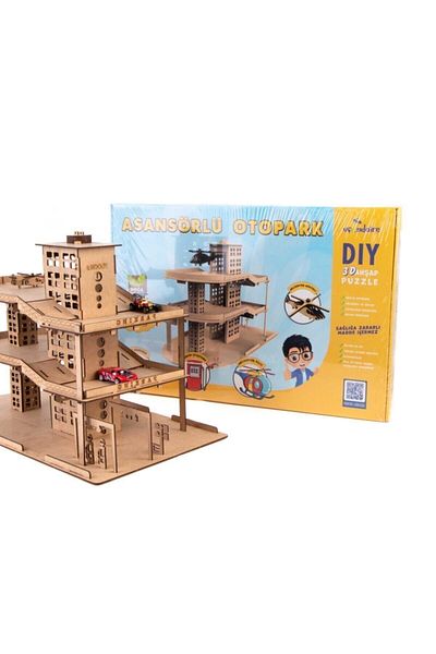 Uçandaire Elevator Parking Lot Natural Wooden Paintable Babay Toys
