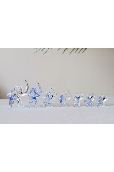 ADAMODART Lacivert Renk Geçişli 7'li Fil Dekoratif Cam Biblo Seti