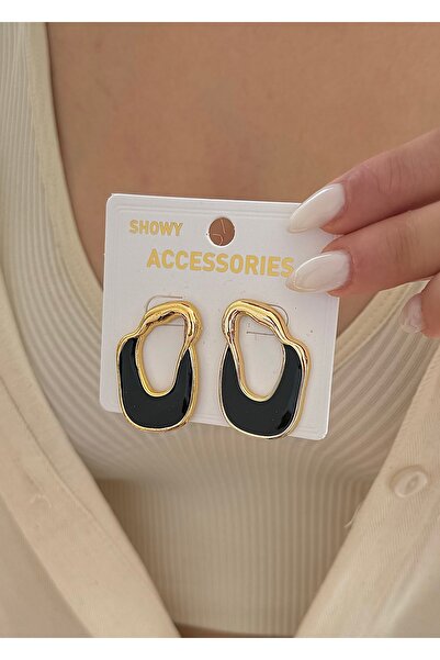 takıtarzım Gold Black Enamel Women's Earrings