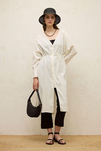 Manuka Ecru Colored Cotton Long Tunic - Lacing Detail