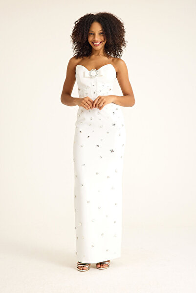 bontesel Beyaz Taş İşleme Detaylı Maxi Nikah Elbisesi Nişan Elbisesi Söz Elbi...