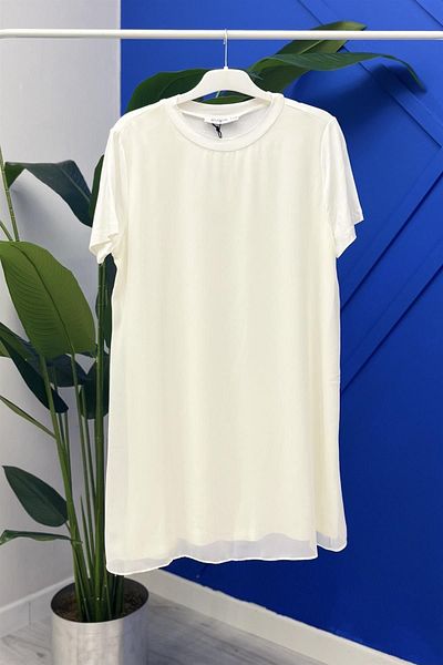 Puane Ecru Tunic 10271 - Combed Cotton Underwear with Half Sleeve and Front Chiffon Detail